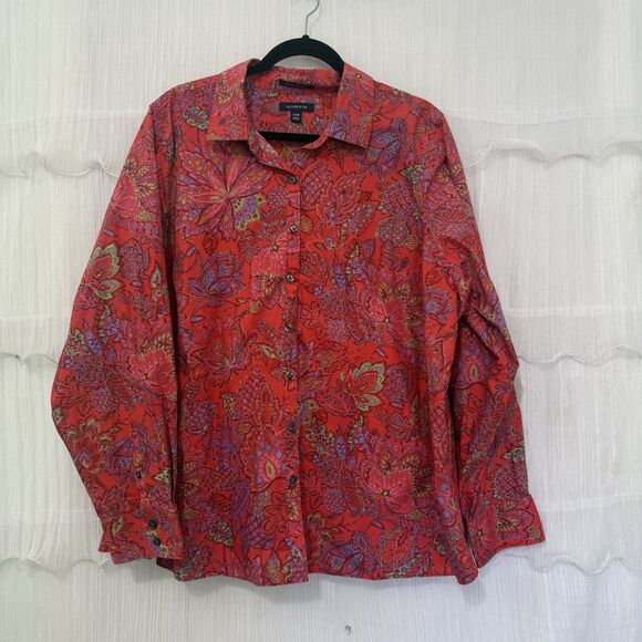 Lands End Long Sleeve Button Up 24W Red Paisley Supima Cotton No Iron Preppy - Picture 1 of 5
